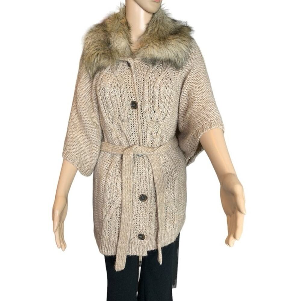 Loft Women's Medium Cardigan Chunky Knit Faux Fur Trimmed Short Sleeved NEW